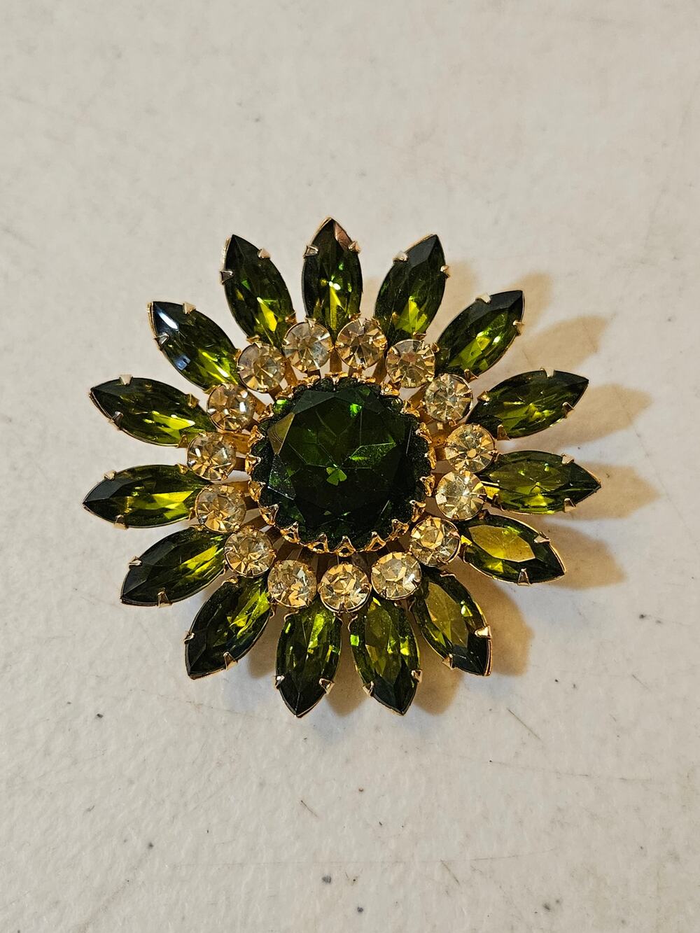 Vintage Green Rhinestone Brooch Crystal Sunburst Flower Pin Mid Century Jewelry